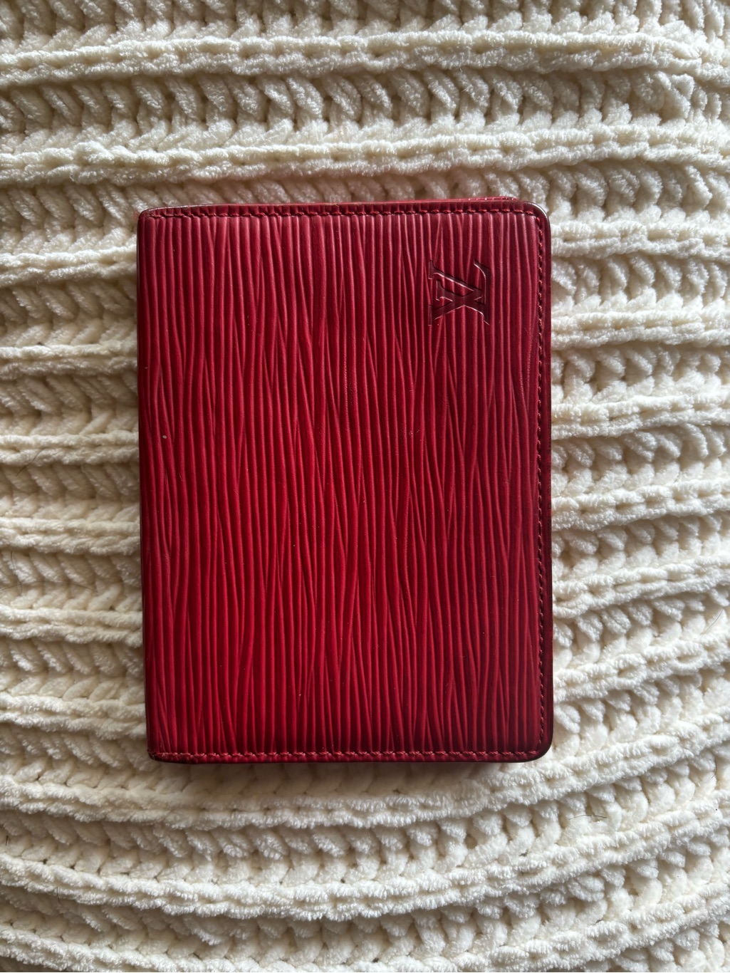 Red Textured Leather Card Holder With Embossed Monogram Red Textured Leather Card Holder With Embossed Monogram